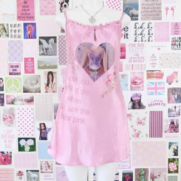 y2k la senza pink satin graphic slip dress size M - Picture 1 of 7